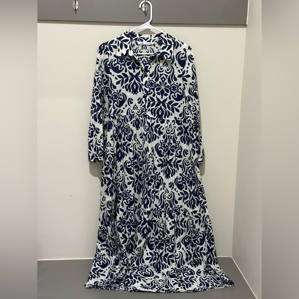 Zara printed navy blue and white dress